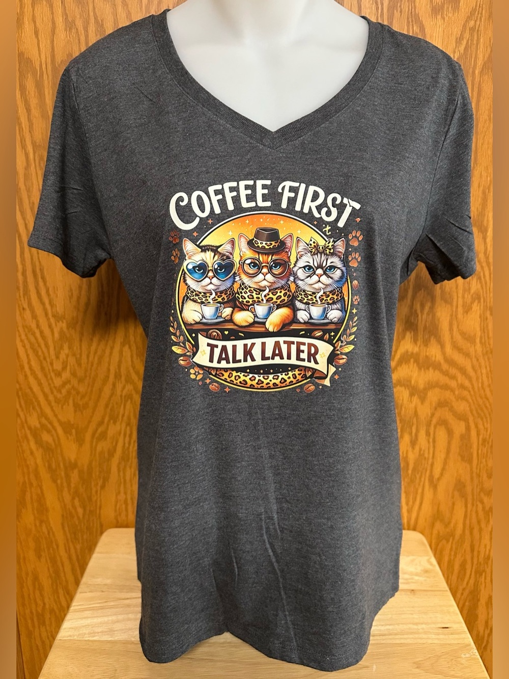 Coffee & Cat Humor V-Neck Graphic Tee - NIP - FLAWED